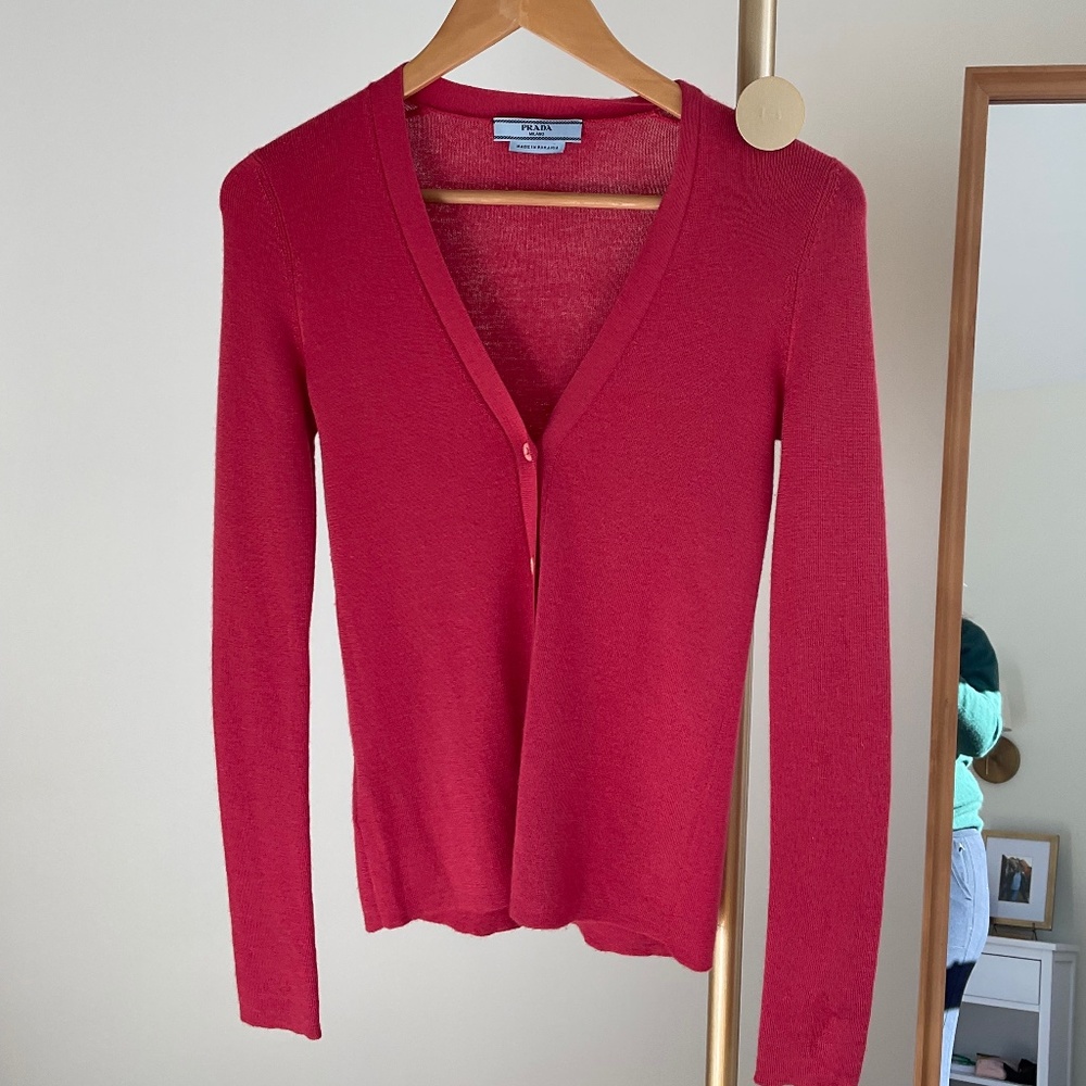Prada Cashmere Blend Cardigan Long Sleeve with V-Neck Red Size 40